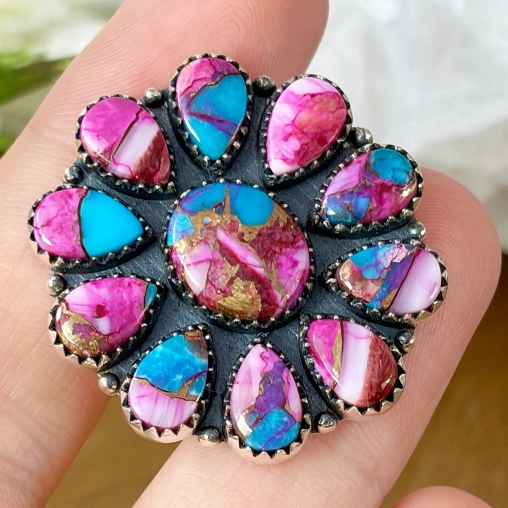 Pure Sterling Silver 925 Pink Dahlia Turquoise Cluster Ring 7 1/4 Navajo Style - Picture 4 of 11